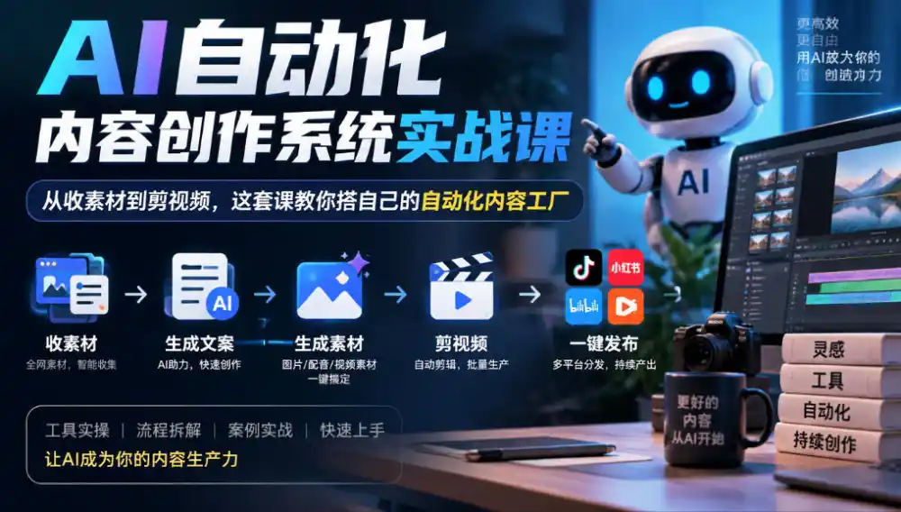 AI自动化内容创作系统实战课，从收素材到剪视频，这套课教你搭自己的自动化内容工厂-百盟网
