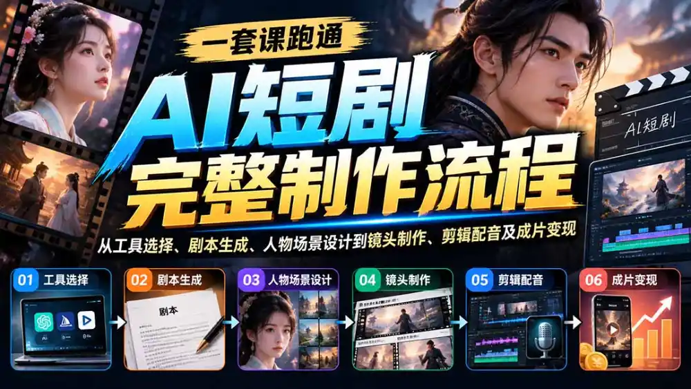 一套课跑通AI短剧完整制作流程:从工具选择、剧本生成、人物场景设计到镜头制作、剪辑配音及成片变现 一套课跑通AI短剧完整制作流程:从工具选择、剧本生成、人物场景设计到镜头制作、剪辑配音及成片变现