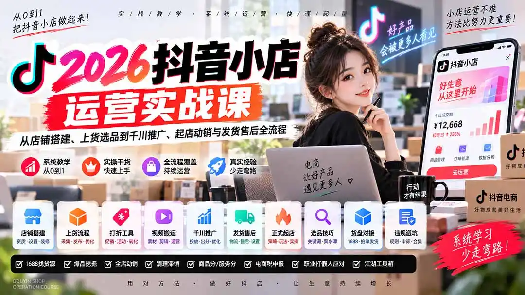 2026抖音小店运营实战课|从店铺搭建、上货选品到千川推广、起店动销与发货售后全流程 2026抖音小店运营实战课|从店铺搭建、上货选品到千川推广、起店动销与发货售后全流程