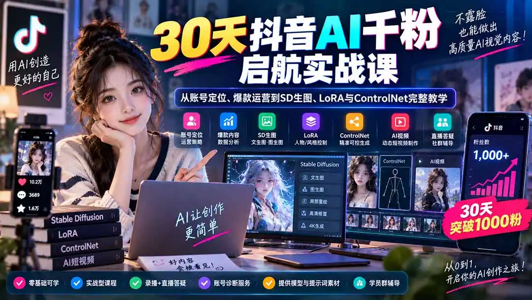 30天抖音AI千粉启航实战课：从账号定位、爆款运营到SD生图、LoRA与ControlNet完整教学-百盟网