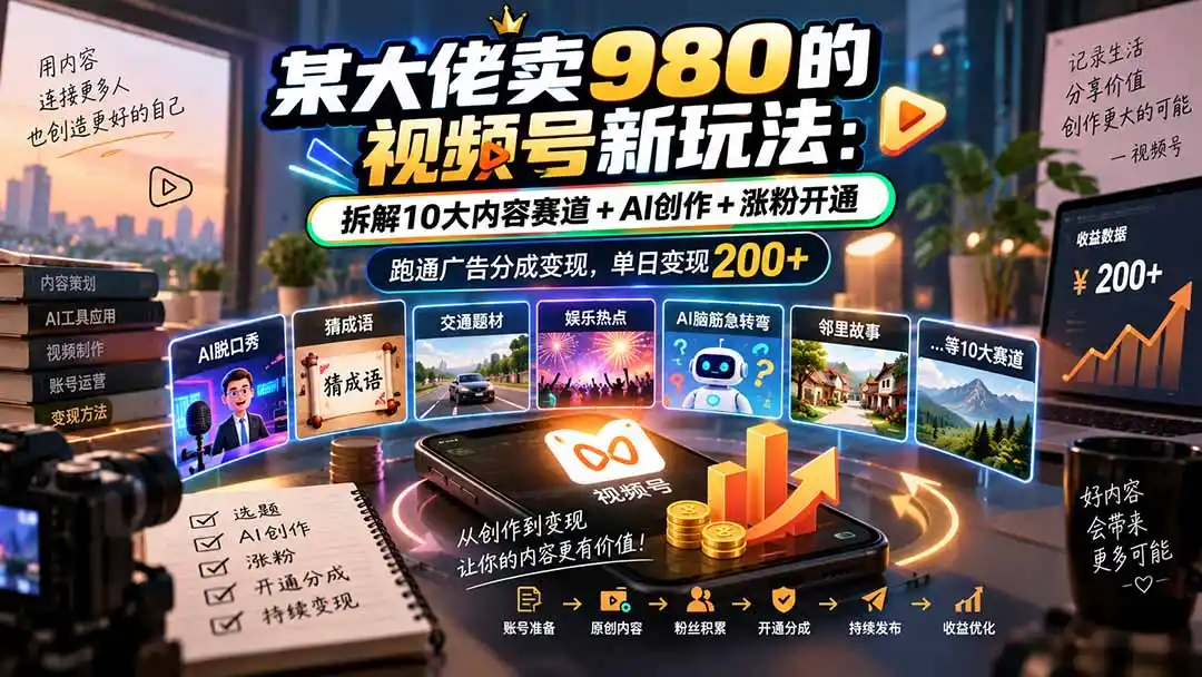 某大佬卖980的视频号新玩法:拆解10大内容赛道+AI创作+涨粉开通,跑通广告分成变现,单日变现200+ 某大佬卖980的视频号新玩法:拆解10大内容赛道+AI创作+涨粉开通,跑通广告分成变现,单日变现200+