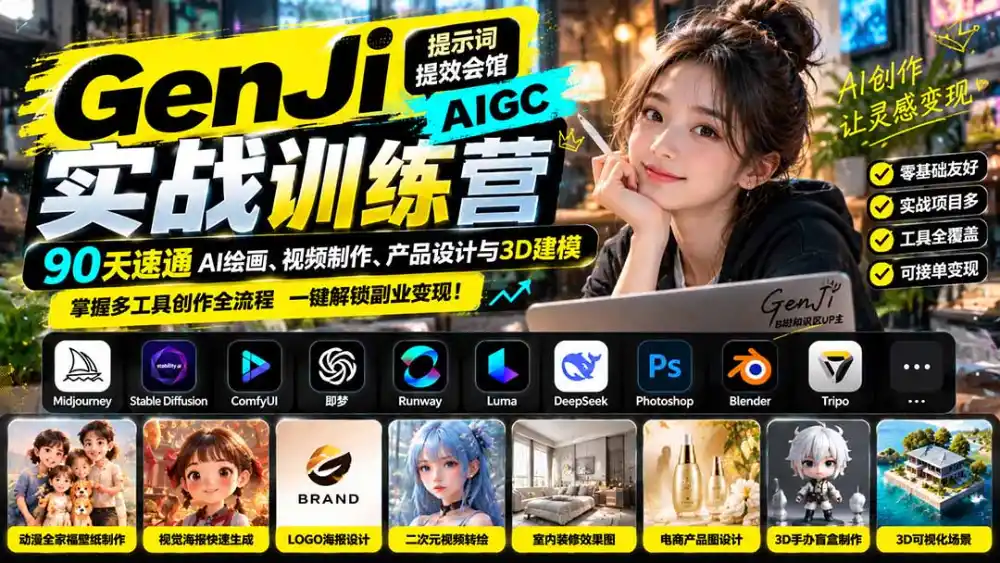 GenJi AIGC实战训练营:90天速通AI绘画、视频制作、产品设计与3D建模,掌握多工具创作全流程 GenJi AIGC实战训练营:90天速通AI绘画、视频制作、产品设计与3D建模,掌握多工具创作全流程