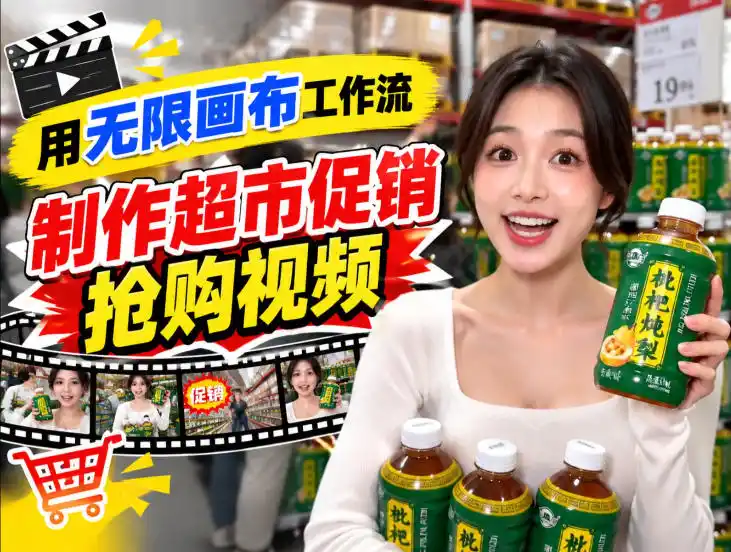 无限画布超市促销抢购视频工作流，一键产出TikTok抖音带货短视频-百盟网