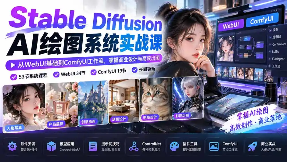 【无水印】Stable Diffusion AI绘图系统实战课：从WebUI基础到ComfyUI工作流，掌握商业设计与高效出图-百盟网