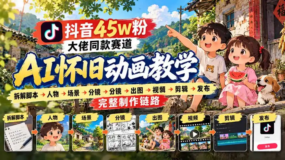 抖音45W粉大佬同款赛道AI怀旧动画教学：拆解脚本→人物→场景→分镜→出图→视频→剪辑→发布完整制作链路-百盟网