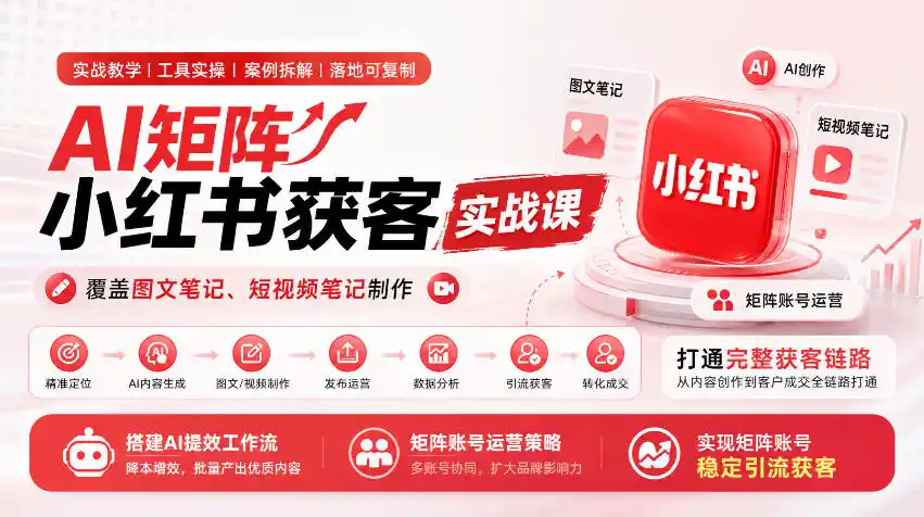 AI矩阵小红书获客实战课，覆盖图文笔记、短视频笔记制作，打通完整获客链路，搭建AI提效工作流，实现矩阵账号稳定引流获客-百盟网