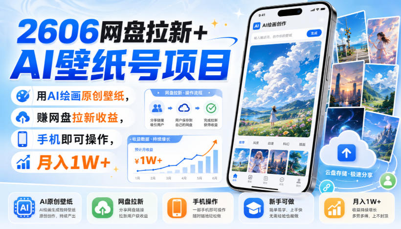 2606网盘拉新+AI壁纸号项目,用AI绘画原创壁纸,賺网盘拉新收益,手机即可操作,月入1W+ 2606网盘拉新+AI壁纸号项目,用AI绘画原创壁纸,賺网盘拉新收益,手机即可操作,月入1W+