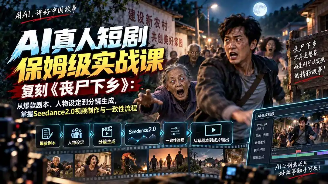 AI真人短剧保姆级实战课,复刻《丧尸下乡》:从爆款剧本、人物设定到分镜生成,掌握Seedance2.0视频制作与一致性流程-百盟网