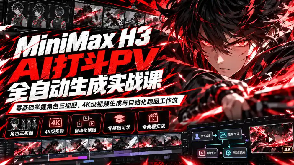 MiniMax H3 AI打斗PV全自动生成实战课：零基础掌握角色三视图、4K级视频生成与自动化跑图工作流-百盟网