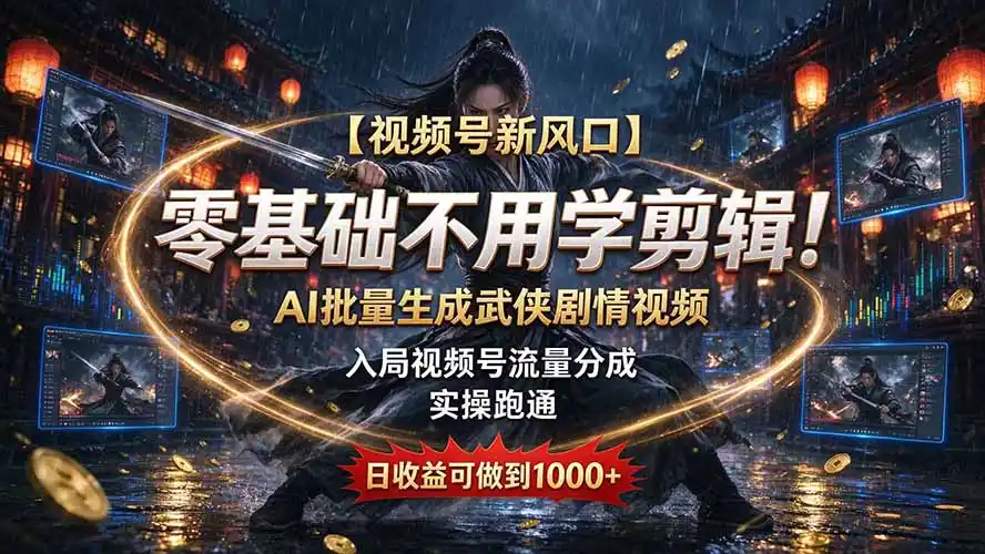 【视频号新风口】零基础不用学剪辑！AI 批量生成武侠剧情视频，入局视频号流量分成，实操跑通，日收益可做到 1000+-百盟网
