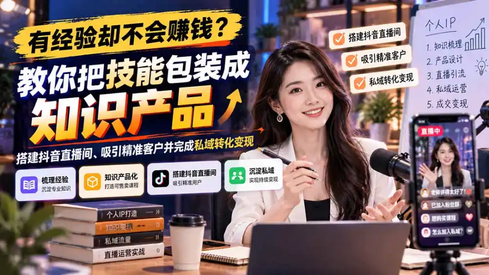有经验却不会赚钱？教你把技能包装成知识产品，搭建抖音直播间、吸引精准客户并完成私域转化变现-百盟网