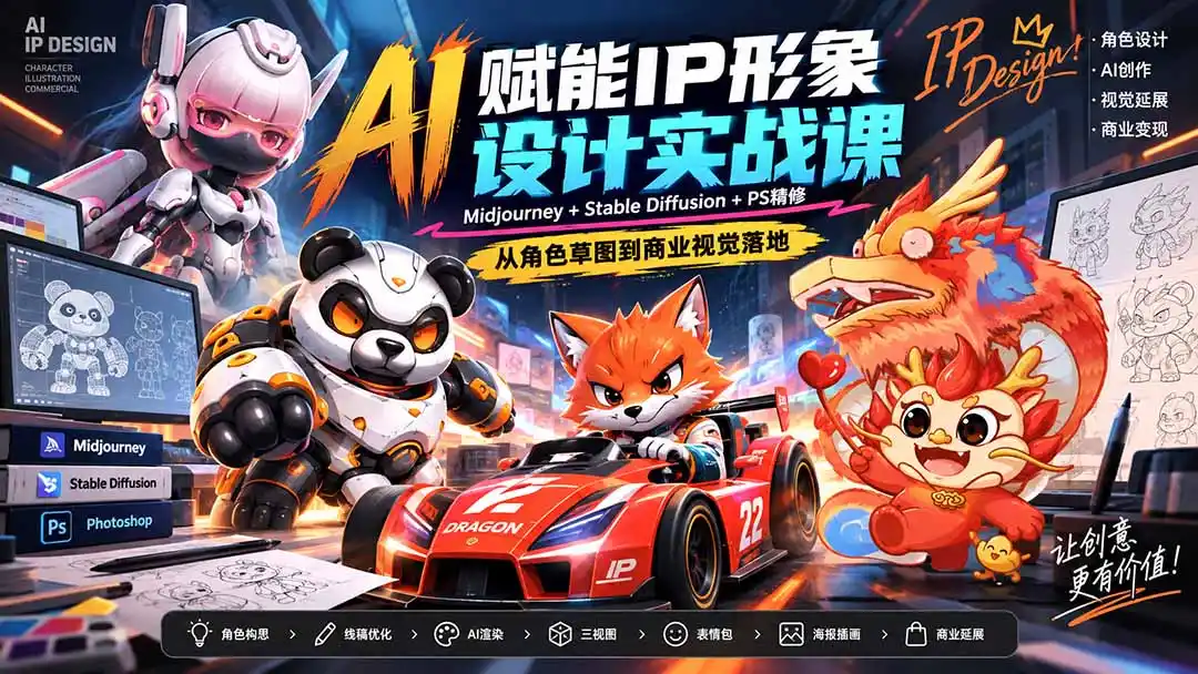 AI赋能IP形象设计实战课-无水印：Midjourney+Stable Diffusion+PS精修，从角色草图到商业视觉落地-百盟网