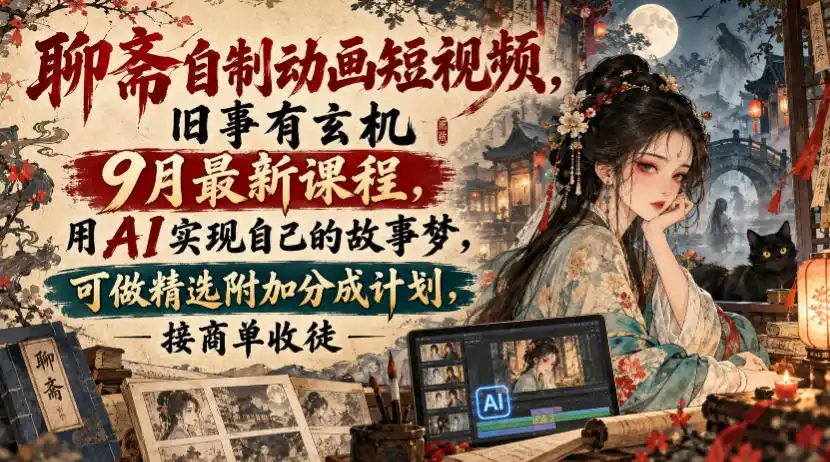 聊斋自制动画短视频，旧事有玄机9月最新课程，用AI实现自己的故事梦，可做精选附加分成计划，接商单收徒-百盟网