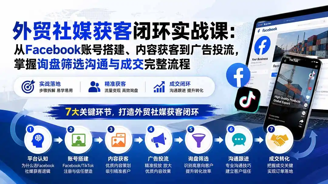 外贸社媒获客闭环实战课：从Facebook账号搭建、内容获客到广告投流，掌握询盘筛选沟通与成交完整流程-百盟网