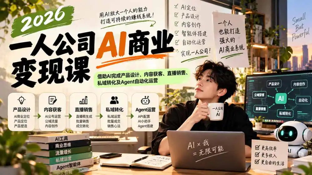 2026一人公司AI商业变现课:借助AI完成产品设计、内容获客、直播销售、私域转化及Agent自动化运营 2026一人公司AI商业变现课:借助AI完成产品设计、内容获客、直播销售、私域转化及Agent自动化运营