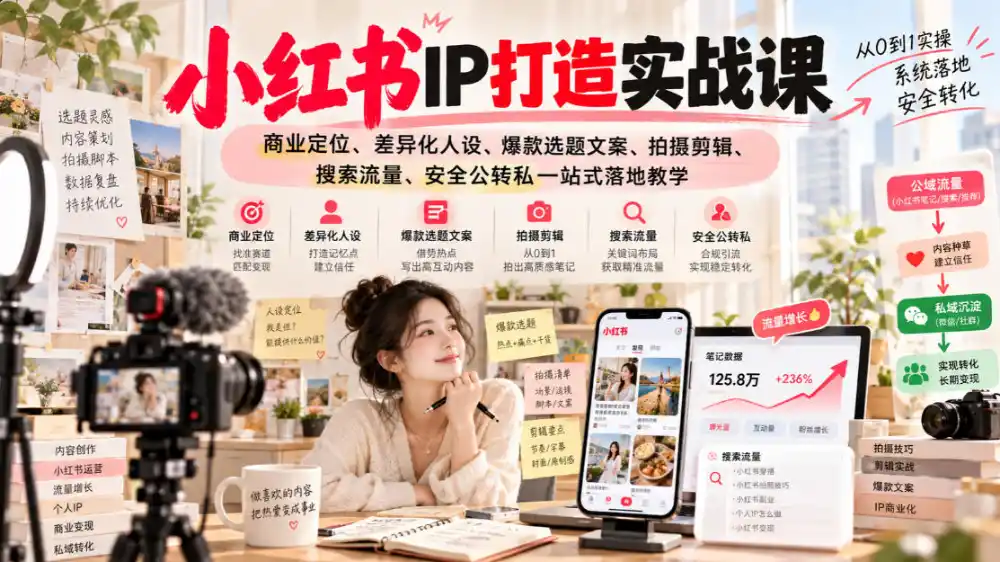 小红书ip打造实战课，商业定位、差异化人设、爆款选题文案、拍摄剪辑、搜索流量、安全公转私一站式落地教学-百盟网