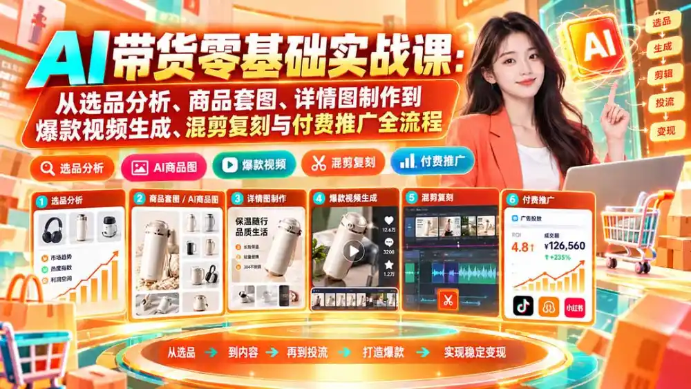 AI带货零基础实战课：从选品分析、商品套图、详情图制作到爆款视频生成、混剪复刻与付费推广全流程-百盟网