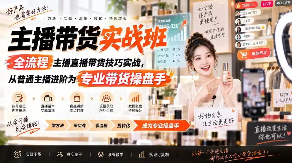 主播带货实战班ZB，全流程主播直播带货技巧实战，从普通主播进阶为专业带货操盘手-百盟网