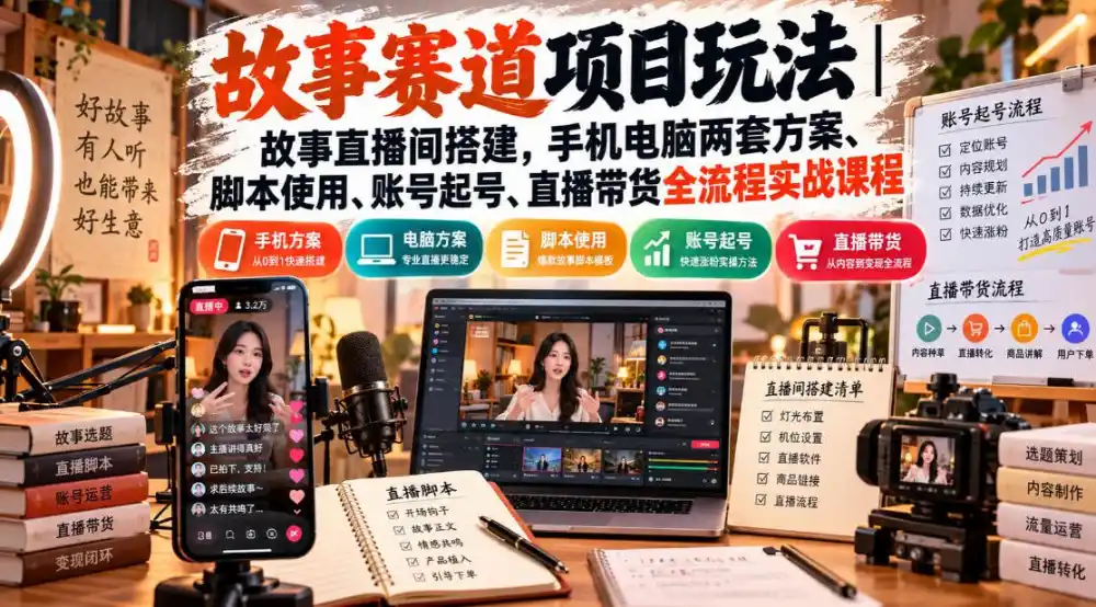 故事赛道项目玩法|故事直播间搭建,手机电脑两套方案、脚本使用、账号起号、直播带货全流程实战课程 故事赛道项目玩法|故事直播间搭建,手机电脑两套方案、脚本使用、账号起号、直播带货全流程实战课程