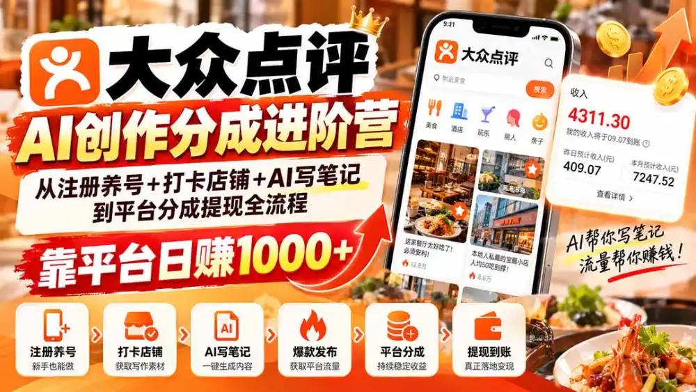 大众点评AI创作分成进阶营：从注册养号+打卡店铺+AI写笔记到平台分成提现全流程，靠平台日赚1000+-百盟网
