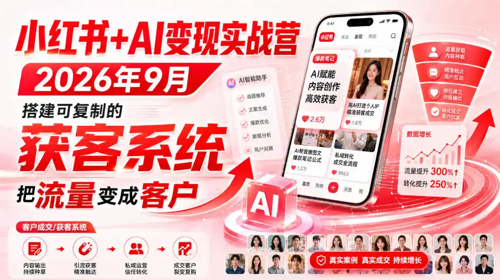 小红书+AI变现实战营2026年9月，搭建可复制的获客系统，把流量变成客户！-百盟网