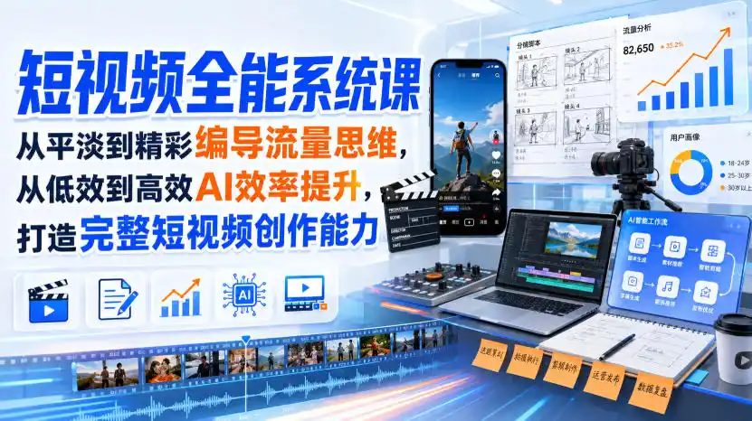 短视频全能系统课,从平淡到精彩编导流量思维,从低效到高效AI效率提升,打造完整短视频创作能力(2026年8月30更新233集)-百盟网