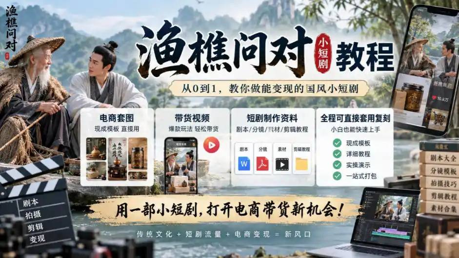 渔樵问对小短剧教程，包含电商套图、带货视频，短剧制作资料，全程可直接套用复刻-百盟网