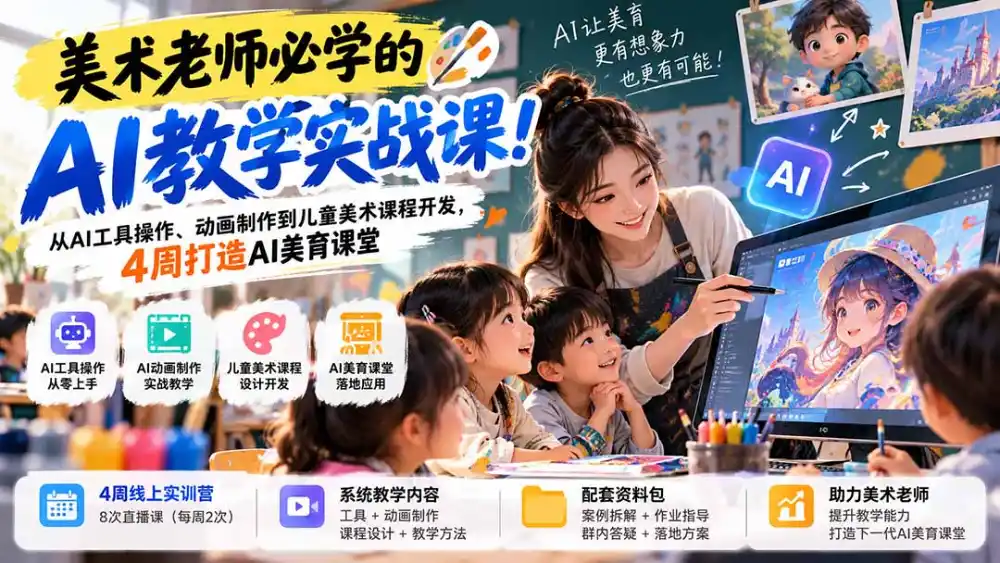 美术老师必学的AI教学实战课！从AI工具操作、动画制作到儿童美术课程开发，4周打造AI美育课堂-百盟网