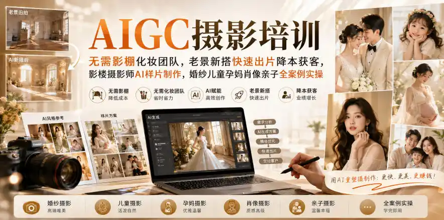 AIGC摄影培训｜无需影棚化妆团队，老景新搭快速出片降本获客，影楼摄影师AI样片制作，婚纱儿童孕妈肖像亲子全案例实操-百盟网