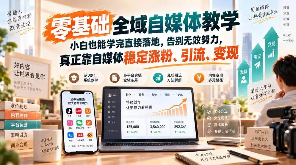 零基础全域自媒体教学,小白也能学完直接落地,告别无效努力,真正靠自媒体稳定涨粉、引流、变现 零基础全域自媒体教学,小白也能学完直接落地,告别无效努力,真正靠自媒体稳定涨粉、引流、变现