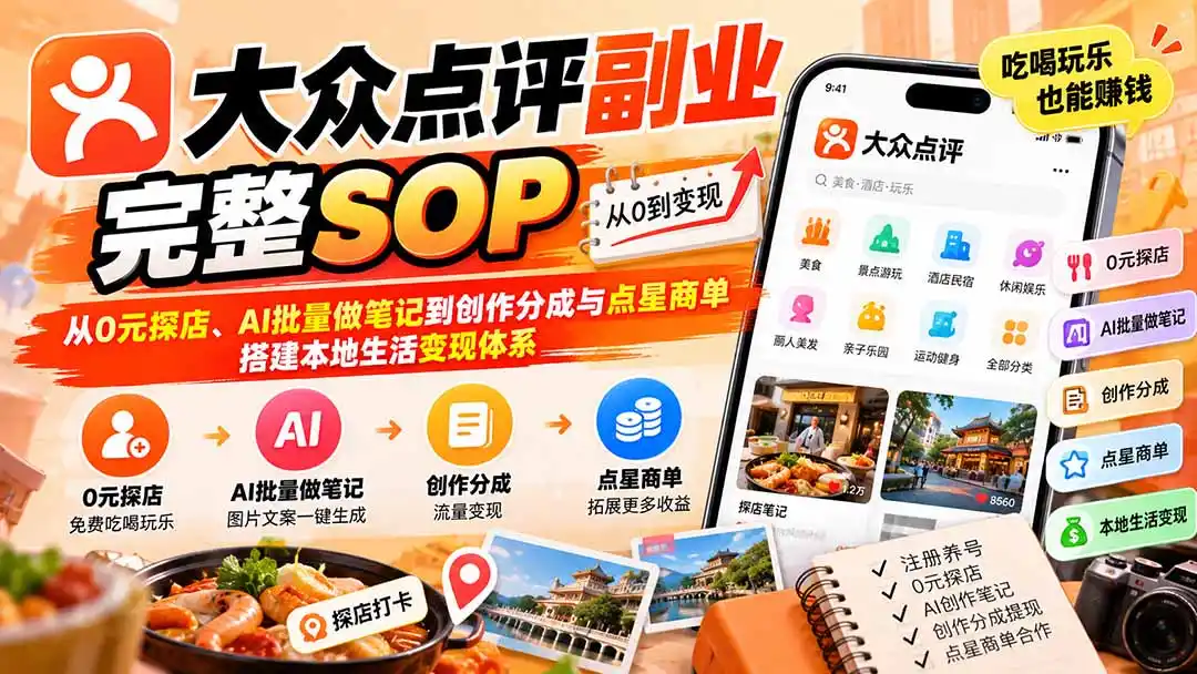 【无水印】大众点评副业完整SOP：从0元探店、AI批量做笔记到创作分成与点星商单，搭建本地生活变现体系-百盟网