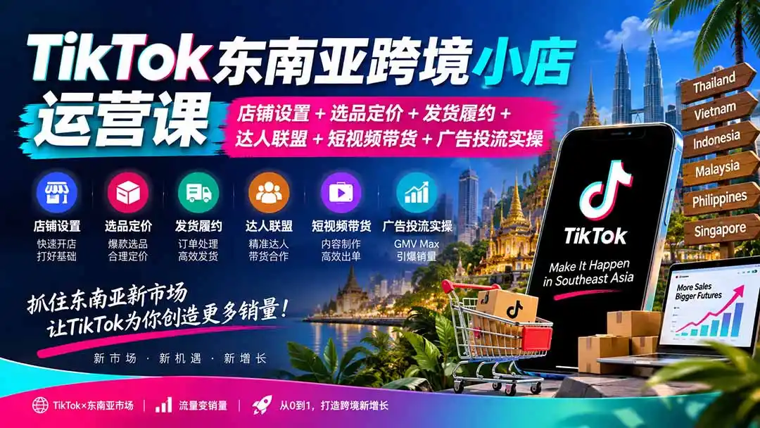 TikTok东南亚跨境小店运营课：店铺设置+选品定价+发货履约+达人联盟+短视频带货+广告投流实操