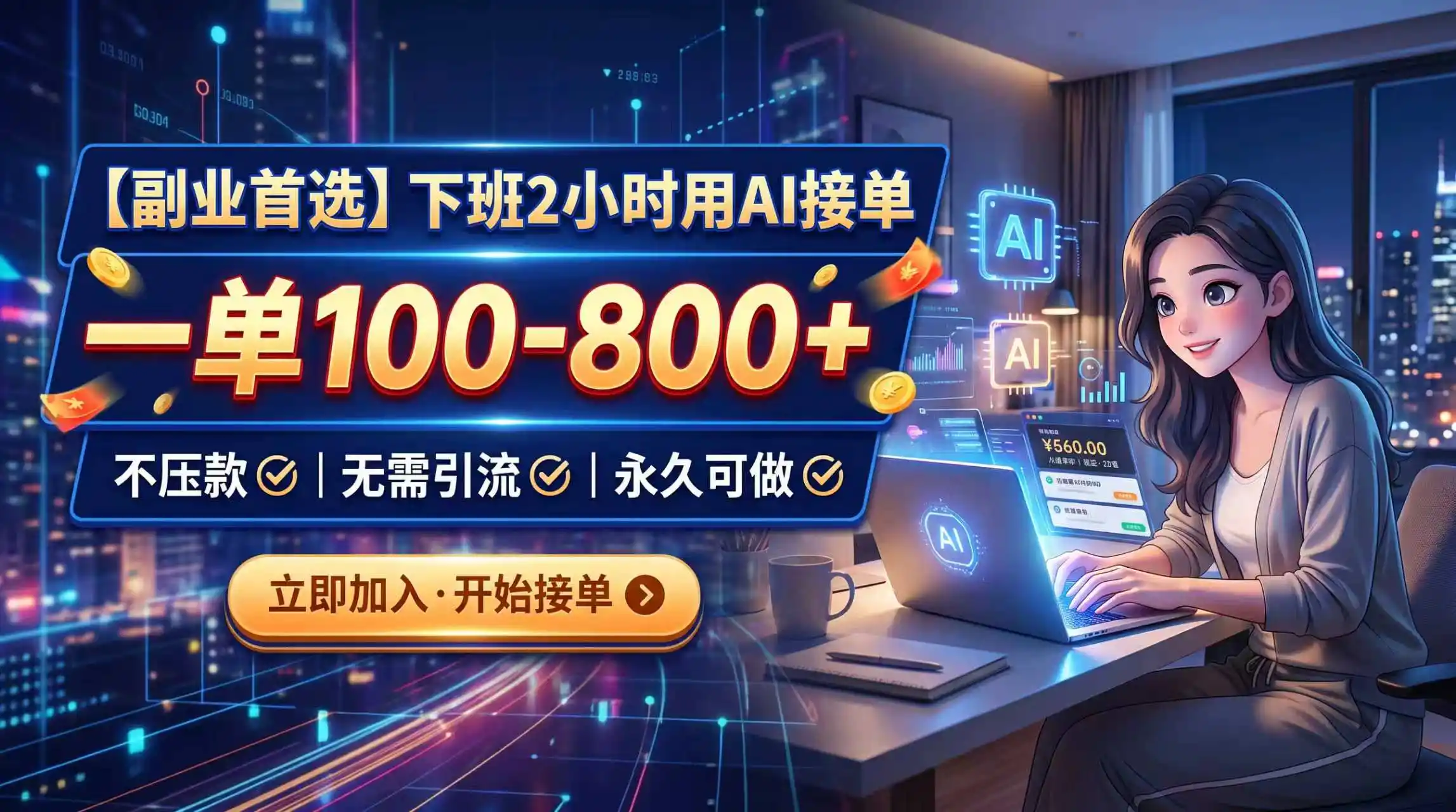 下班2小时用AI接单,一单100-800+,不压款,无需引流,永久可做-百盟网