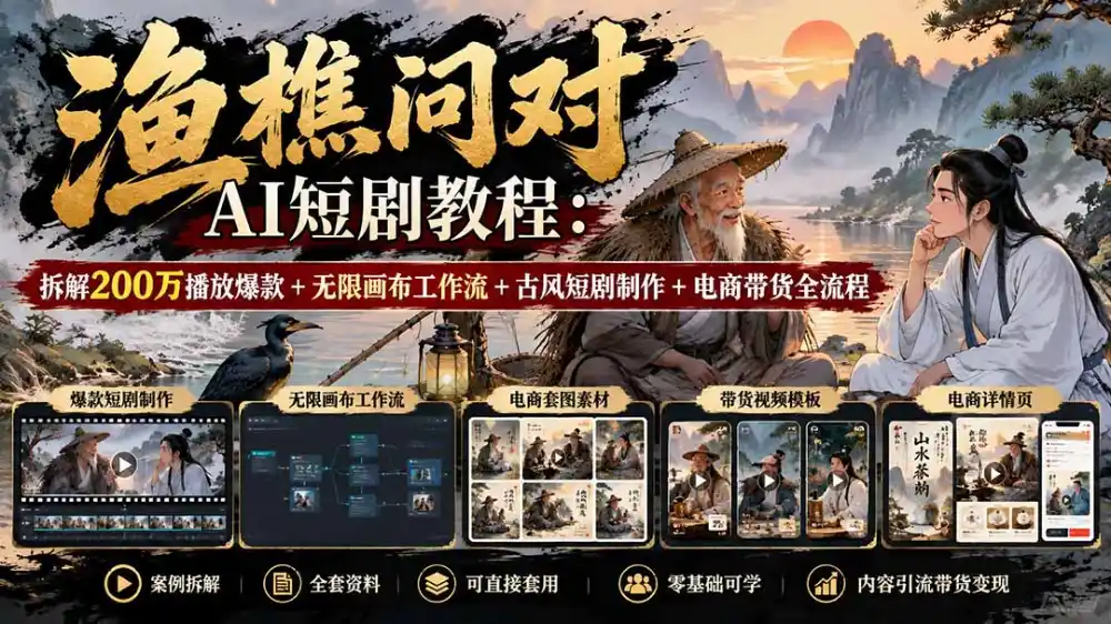 【无水印】渔樵问对AI短剧教程：拆解200万播放爆款+无限画布工作流+古风短剧制作+电商带货全流程-百盟网