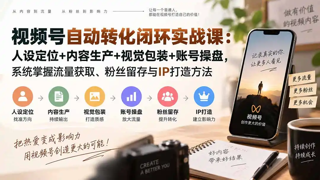 视频号自动转化闭环实战课:人设定位+内容生产+视觉包装+账号操盘,系统掌握流量获取、粉丝留存与IP打造方法-百盟网