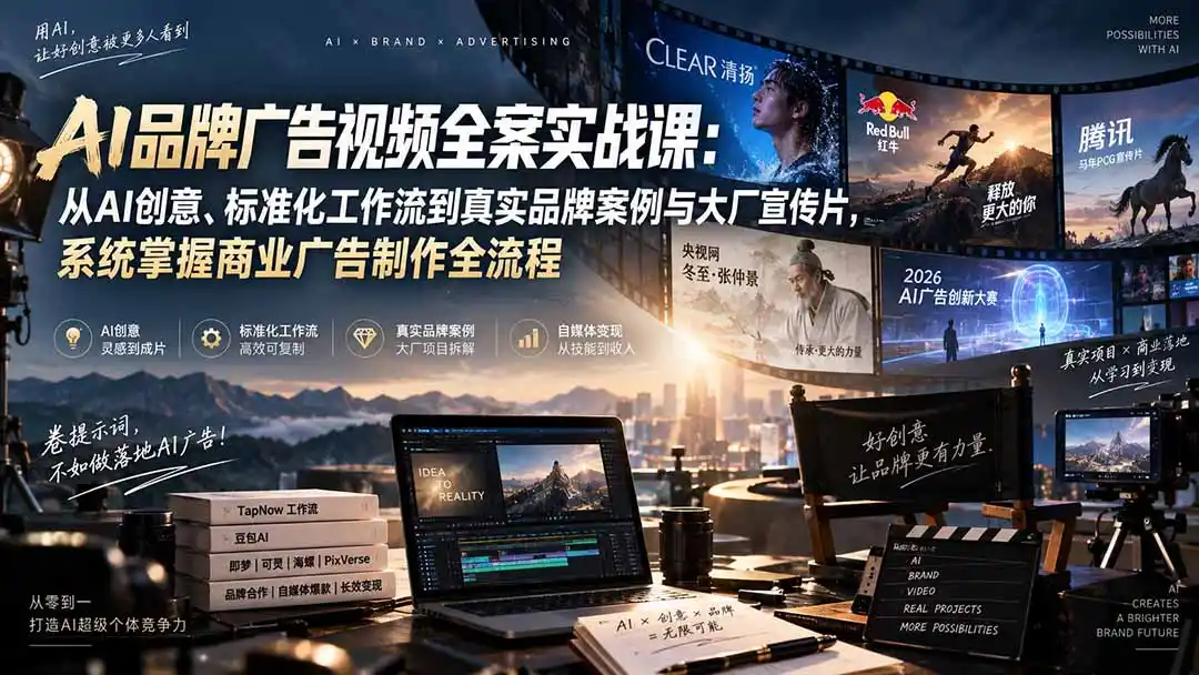 AI品牌广告视频全案实战课：从AI创意、标准化工作流到真实品牌案例与大厂宣传片，系统掌握商业广告制作全流程-百盟网