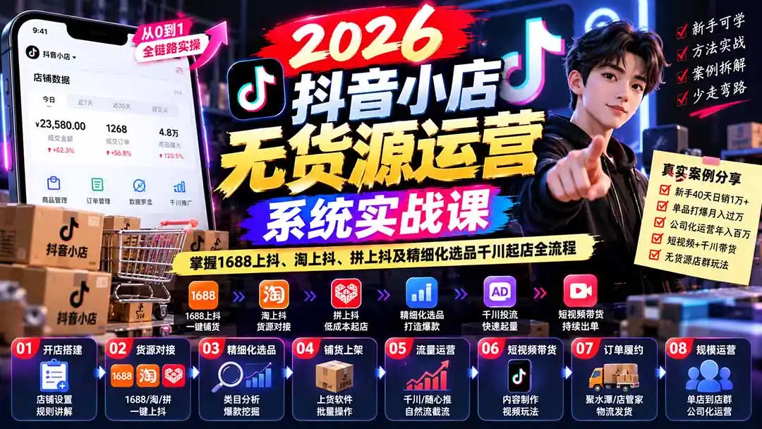 【无水印】2026抖音小店无货源运营系统实战课：掌握1688上抖、淘上抖、拼上抖及精细化选品千川起店全流程-百盟网