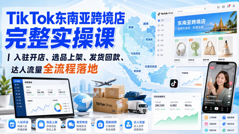 TikTok东南亚跨境店完整实操课｜入驻开店、选品上架、发货回款、达人流量全流程落地-百盟网