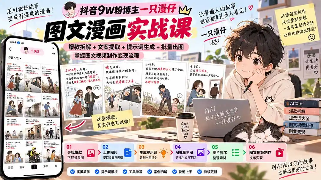 抖音9W粉博主一只漫仔图文漫画课:爆款拆解+文案提取+提示词生成+批量出图,掌握图文视频制作变现流程 抖音9W粉博主一只漫仔图文漫画课:爆款拆解+文案提取+提示词生成+批量出图,掌握图文视频制作变现流程