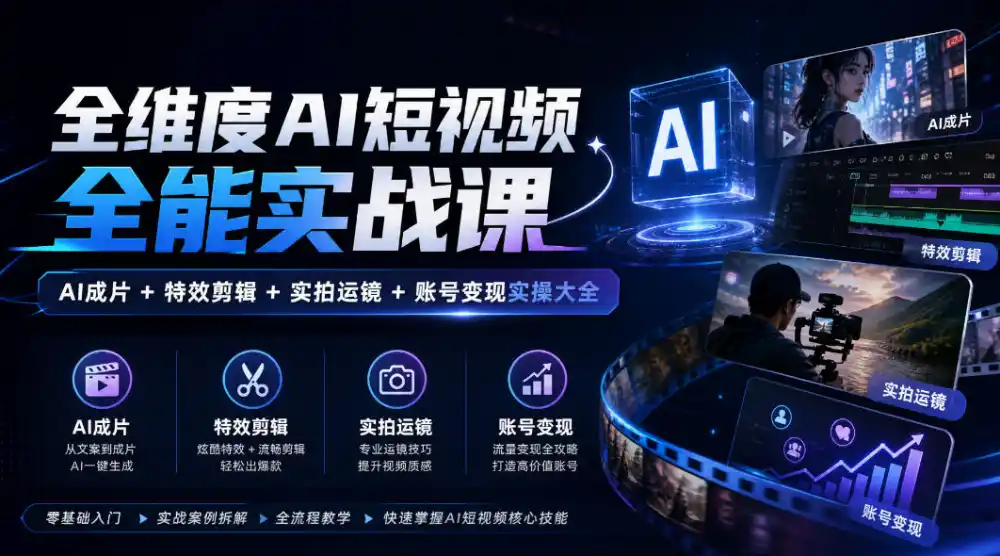 全维度AI短视频全能实战课，AI成片+特效剪辑+实拍运镜+账号变现实操大全-百盟网