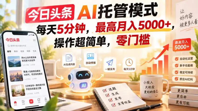 今日头条AI托管模式,每天5分钟,最高月入5000+,操作超简单,零门槛【揭秘】-百盟网