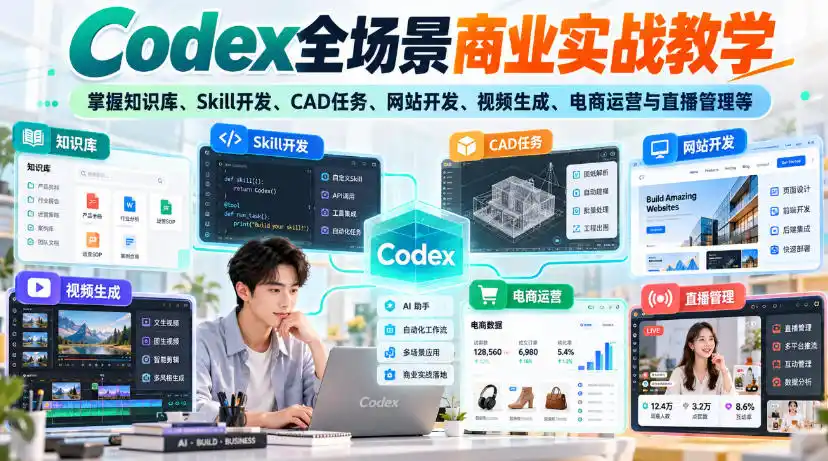 Codex全场景商业实战教学，掌握知识库、Skill开发、CAD任务、网站开发、视频生成、电商运营与直播管理等(更新1010)-百盟网