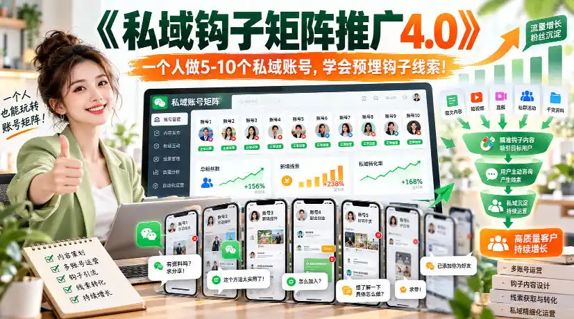 【无水印】《私域钩子矩阵推广4.0》一个人做5-10个私域账号，学会预埋钩子线索！-百盟网