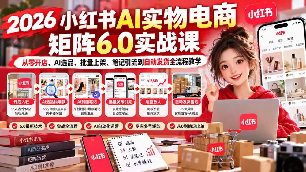 2026小红书AI实物电商矩阵6.0实战课:从零开店、AI选品、批量上架、笔记引流到自动发货全流程教学 2026小红书AI实物电商矩阵6.0实战课:从零开店、AI选品、批量上架、笔记引流到自动发货全流程教学