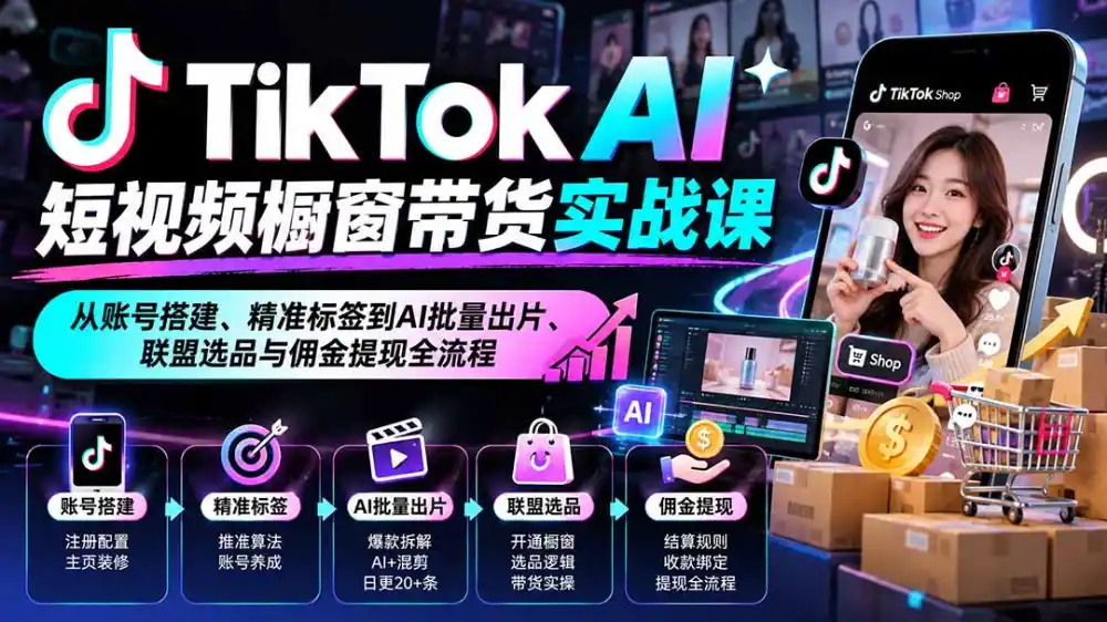 TikTok AI短视频橱窗带货实战课：从账号搭建、精准标签到AI批量出片、联盟选品与佣金提现全流程-百盟网