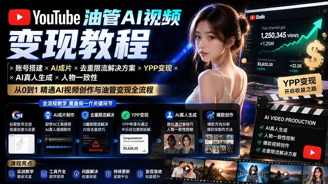 YouTube油管AI视频变现教程-更新0926:账号搭建×AI成片×去重限流解决方案×YPP变现×AI真人生成×人物一致性 YouTube油管AI视频变现教程-更新0926:账号搭建×AI成片×去重限流解决方案×YPP变现×AI真人生成×人物一致性