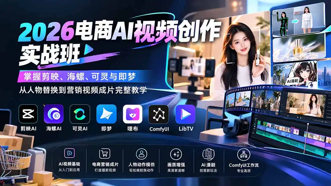 2026电商AI视频创作实战班：掌握剪映、海螺、可灵与即梦，从人物替换到营销视频成片完整教学-百盟网
