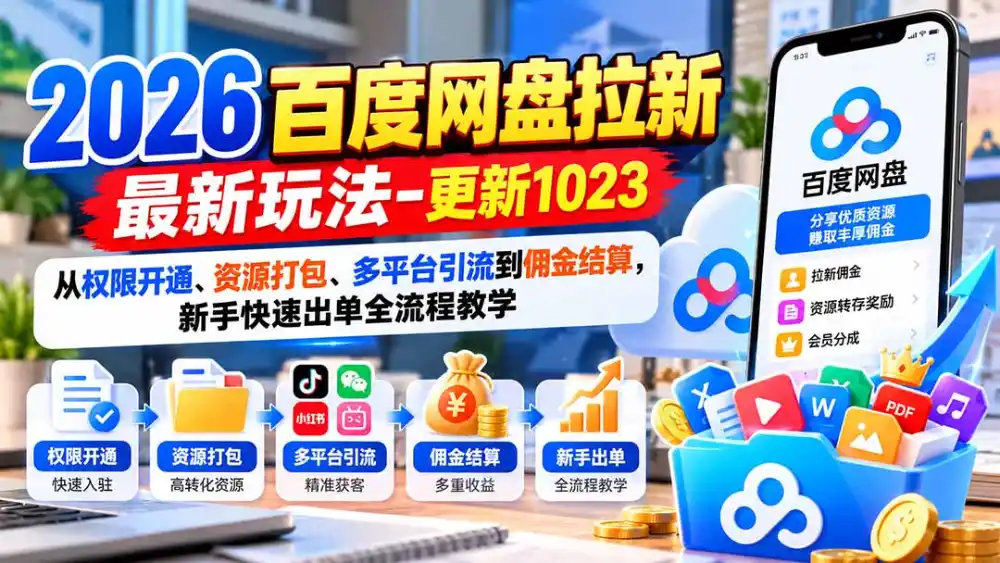 2026百度网盘拉新最新玩法-更新1023：从权限开通、资源打包、多平台引流到佣金结算，新手快速出单全流程教学-百盟网