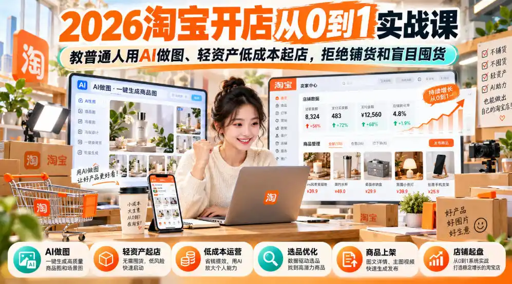 2026淘宝开店从0到1实战课，教普通人用AI做图、轻资产低成本起店，拒绝铺货和盲目囤货-百盟网