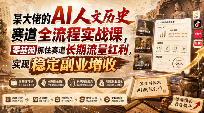 某大佬的AI人文历史赛道全流程实战课，零基础抓住赛道长期流量红利，实现稳定副业增收-百盟网
